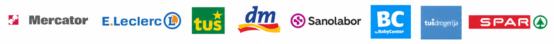 Mercator, SPAR, Tuš, Tuš Drogerija, dm, Sanolabor, BC by BabyCenter, E.Leclerc
